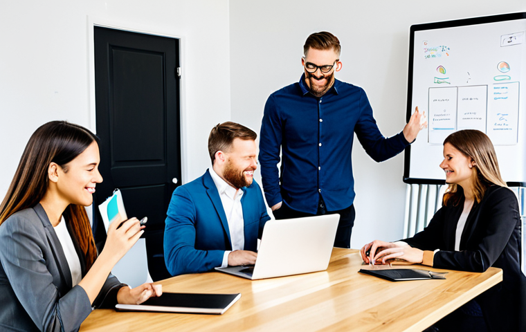 **

"A diverse group of professionals collaborating in a bright, modern co-working space, fully clothed in business casual attire, appropriate for a workplace setting, safe for work. The scene includes laptops, coffee cups, and whiteboards filled with ideas. Perfect anatomy, correct proportions, natural pose, well-formed hands, proper finger count, natural body proportions, professional photograph, high quality, family-friendly, modest clothing."

**