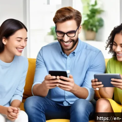 Home 33 소셜 증명과 소비자 의사결정 과정 - A diverse group of happy customers gathered around a cozy living room, each holding smartphones or t...