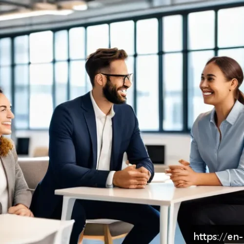 Home 30 소셜 증명 활용한 채용 전략 - A diverse group of employees in a modern, bright office space engaging in a candid video interview s...
