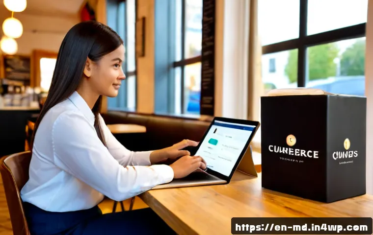 Home 17 소셜 미디어 리뷰 관리 전략 - Photorealistic small business owner in a welcoming neighborhood café, seated at a clean wooden desk ...
